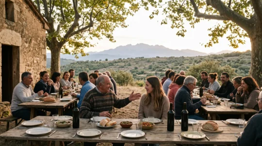 Un groupe de convives partage un repas champêtre sous les arbres près d'un ermitage catalan, avec le Canigou en arrière-plan