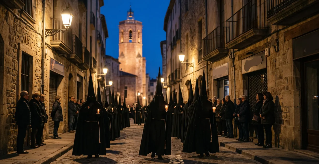 Procession nocturne de pénitents encagoulés dans une ruelle historique de Perpignan, vue respectueuse à distance