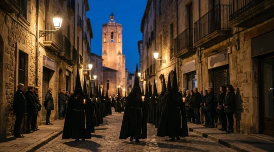 Procession nocturne de pénitents encagoulés dans une ruelle historique de Perpignan, vue respectueuse à distance