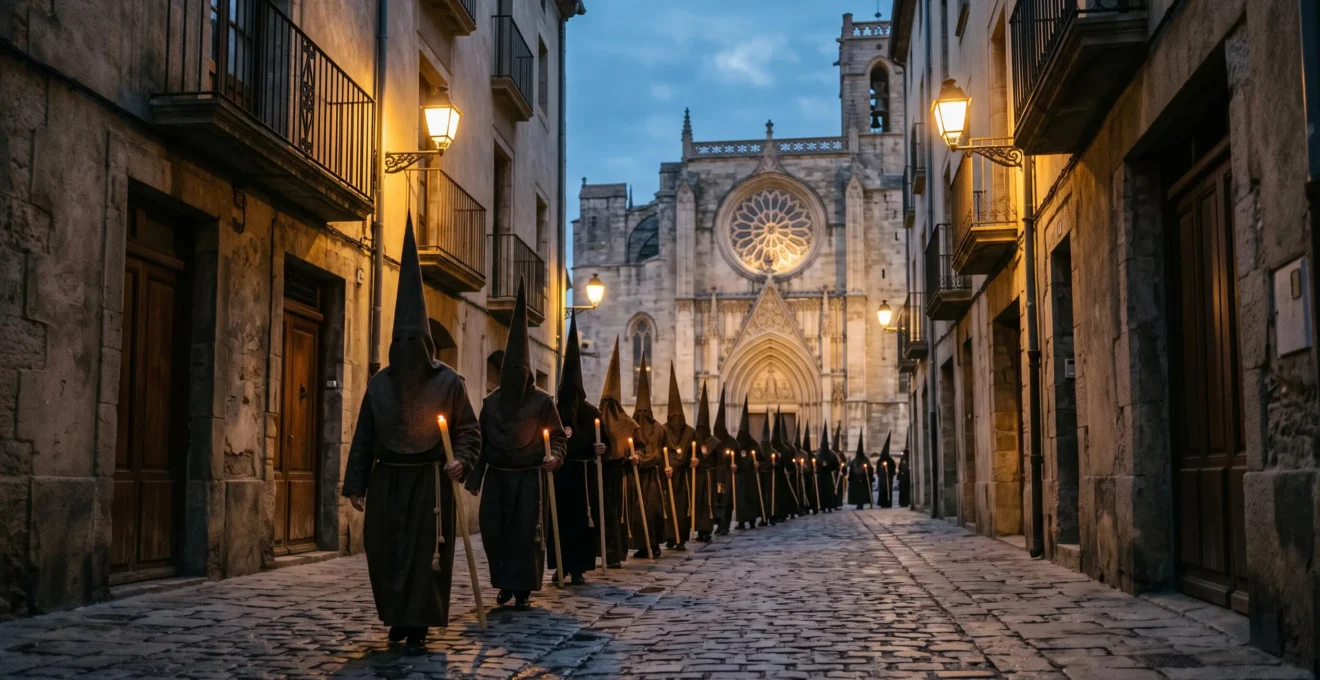 Silhouettes de pénitents encagoulés défilant dans une rue médiévale de Perpignan lors d'une procession religieuse au crépuscule