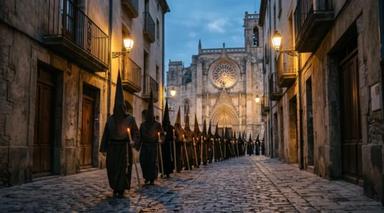 Silhouettes de pénitents encagoulés défilant dans une rue médiévale de Perpignan lors d'une procession religieuse au crépuscule