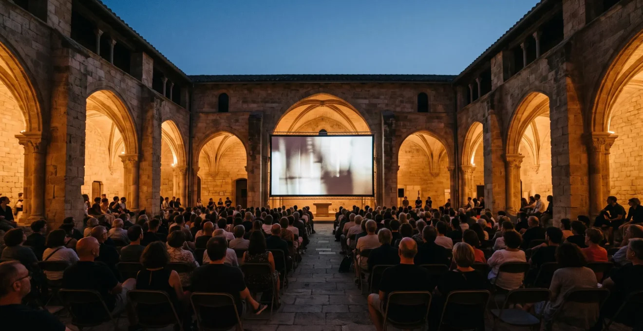 Cour médiévale illuminée de Perpignan pendant le festival Visa pour l'Image, mêlant patrimoine catalan et photojournalisme mondial