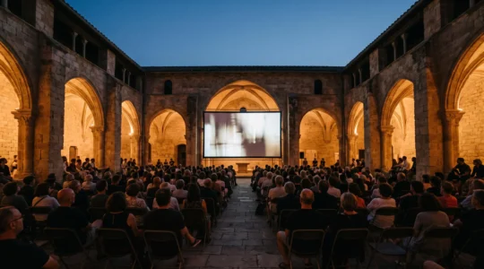 Cour médiévale illuminée de Perpignan pendant le festival Visa pour l'Image, mêlant patrimoine catalan et photojournalisme mondial