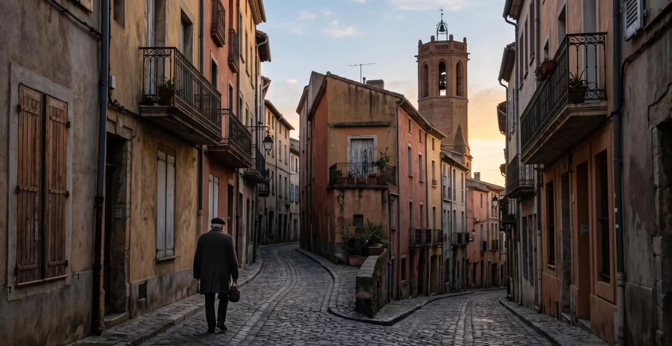 Ruelle catalane de Perpignan au petit matin, contraste entre calme silencieux et ferveur populaire annoncee