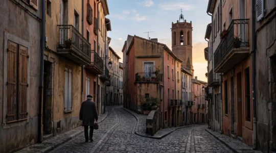 Ruelle catalane de Perpignan au petit matin, contraste entre calme silencieux et ferveur populaire annoncee