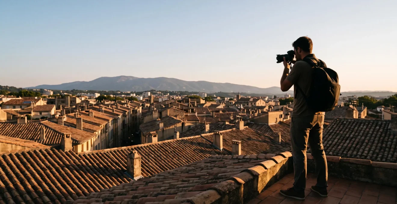 Photographe professionnel cadrant les toits en tuiles canal de Perpignan baignés de lumière dorée depuis un point de vue en hauteur
