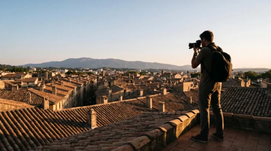 Photographe professionnel cadrant les toits en tuiles canal de Perpignan baignés de lumière dorée depuis un point de vue en hauteur