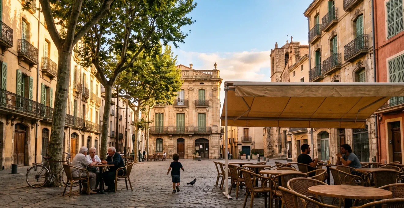 Vue d'ensemble d'une place catalane animee a Perpignan au coucher du soleil illustrant l'art de vivre mediterraneen