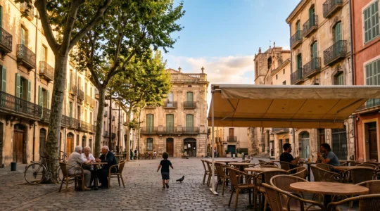 Vue d'ensemble d'une place catalane animee a Perpignan au coucher du soleil illustrant l'art de vivre mediterraneen