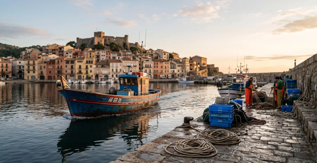 Chalutier catalan rentrant au port de pêche de Port-Vendres au lever du jour, quais animés par les pêcheurs