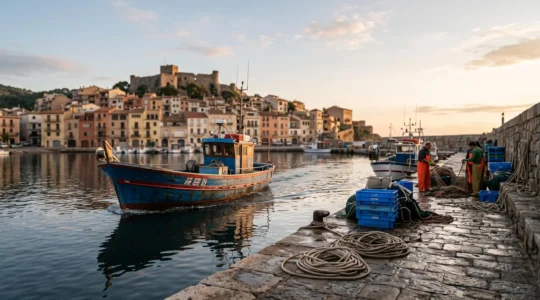 Chalutier catalan rentrant au port de pêche de Port-Vendres au lever du jour, quais animés par les pêcheurs