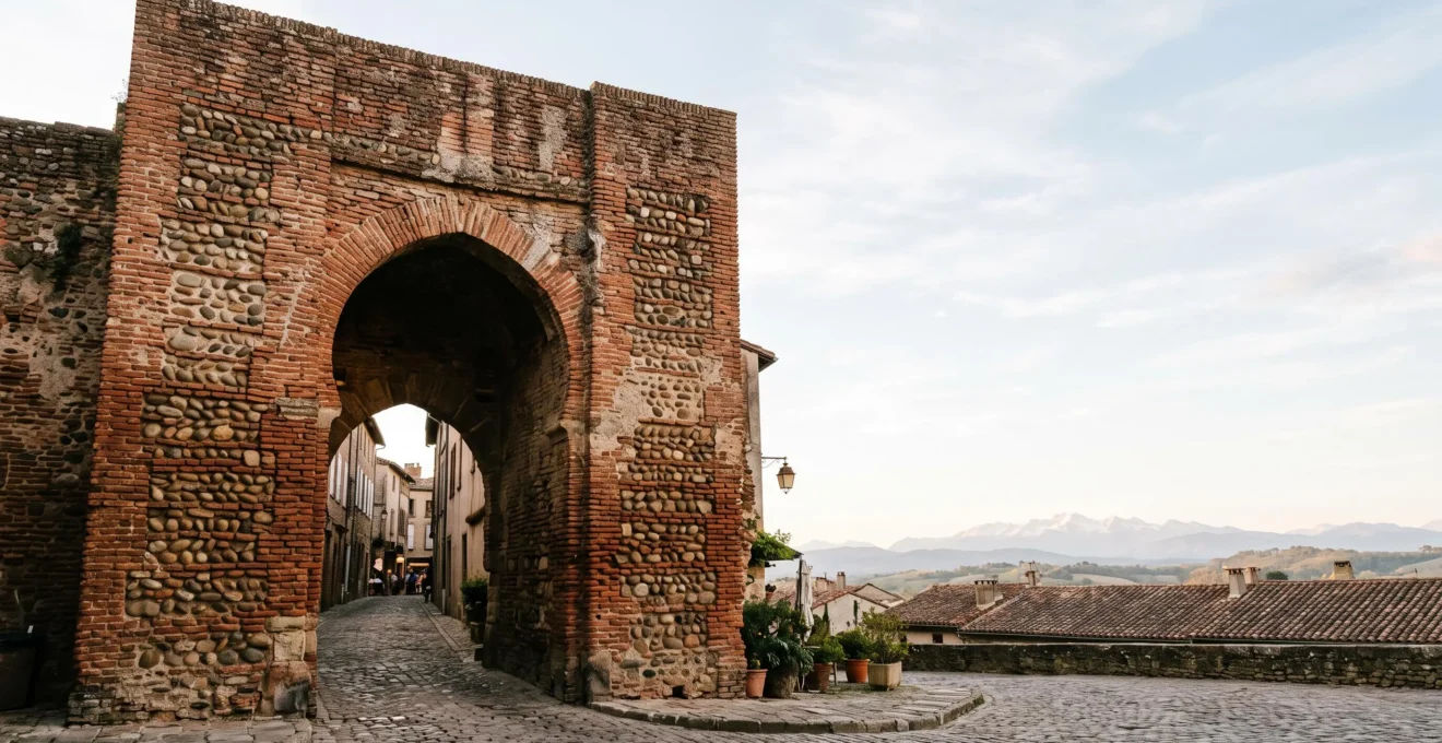 Porte fortifiee medievale en brique rouge et galets, vue en contre-plongee, symbolisant la strategie urbaine de Perpignan