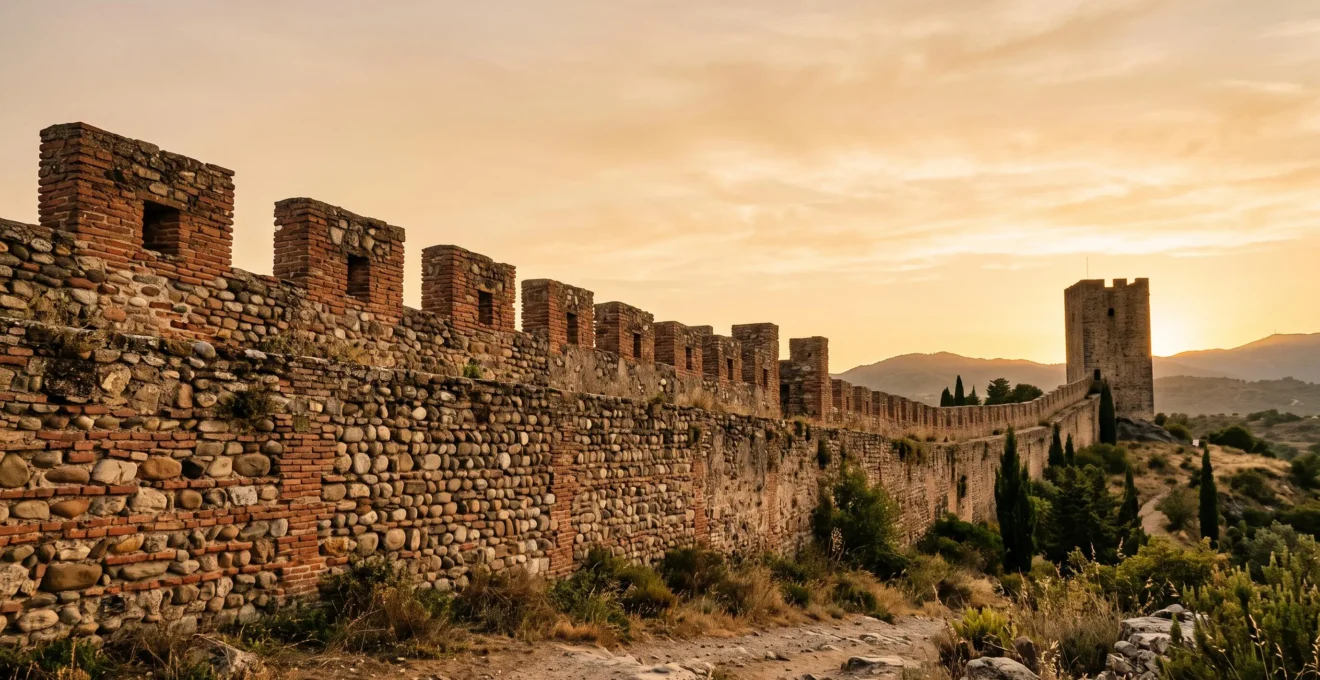Vue panoramique d'un vestige de rempart en brique catalane à Perpignan sous une lumière dorée, symbolisant 700 ans d'histoire militaire