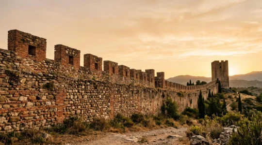 Vue panoramique d'un vestige de rempart en brique catalane à Perpignan sous une lumière dorée, symbolisant 700 ans d'histoire militaire