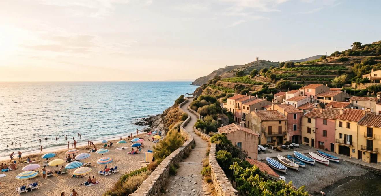 Vue symbolique du littoral du Roussillon partageant une plage animée et un village catalan paisible entre vignes et mer