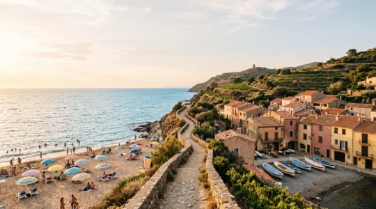 Vue symbolique du littoral du Roussillon partageant une plage animée et un village catalan paisible entre vignes et mer