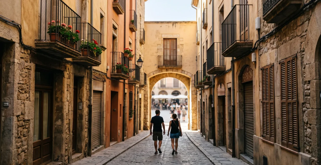Ruelle du centre historique de Perpignan baignée de lumière dorée, avec un couple de visiteurs marchant tranquillement, illustrant une expérience touristique fluide grâce à la donnée en temps réel
