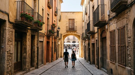 Ruelle du centre historique de Perpignan baignée de lumière dorée, avec un couple de visiteurs marchant tranquillement, illustrant une expérience touristique fluide grâce à la donnée en temps réel