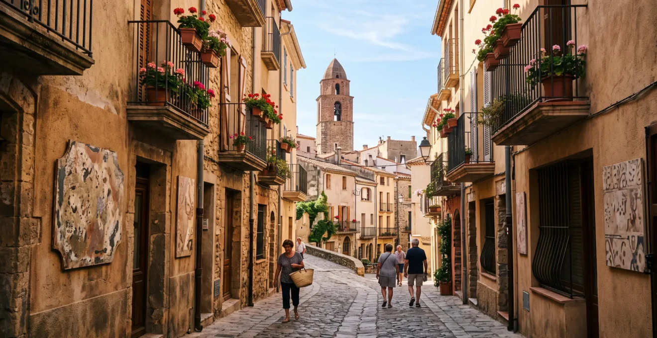 Rue historique de Perpignan aux façades ocre où l'on devine la présence discrète d'une signalétique bilingue catalan-français