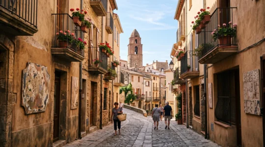 Rue historique de Perpignan aux façades ocre où l'on devine la présence discrète d'une signalétique bilingue catalan-français