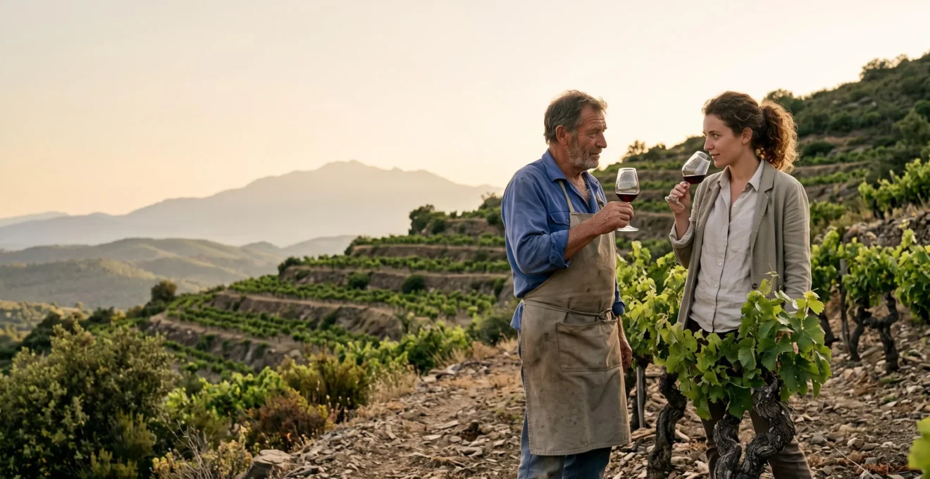 Un vigneron du Roussillon partage un moment de dégustation avec un visiteur au milieu des vignes, avec le Canigou en arrière-plan